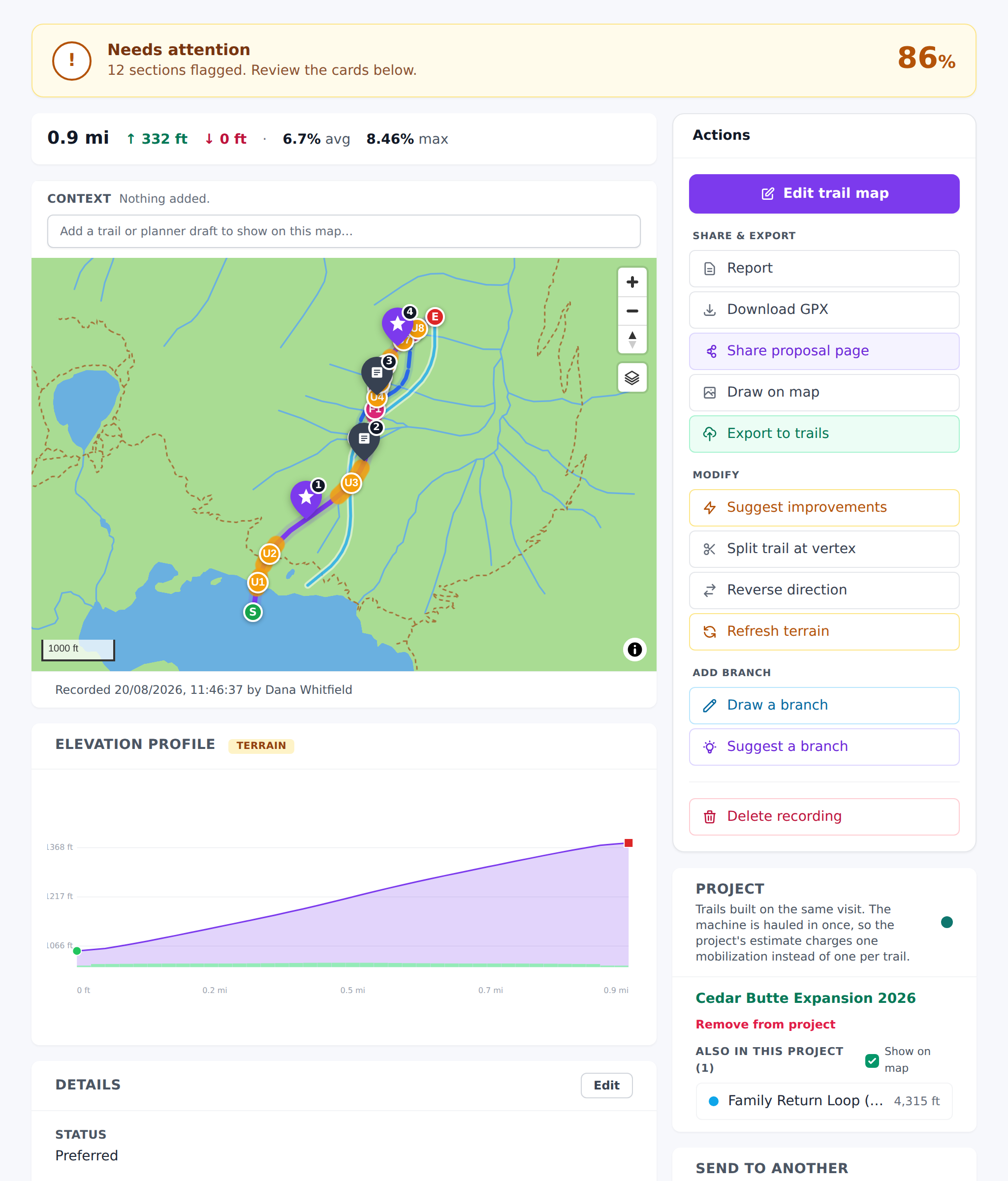 Planner recording Show page with the green Export to trails button