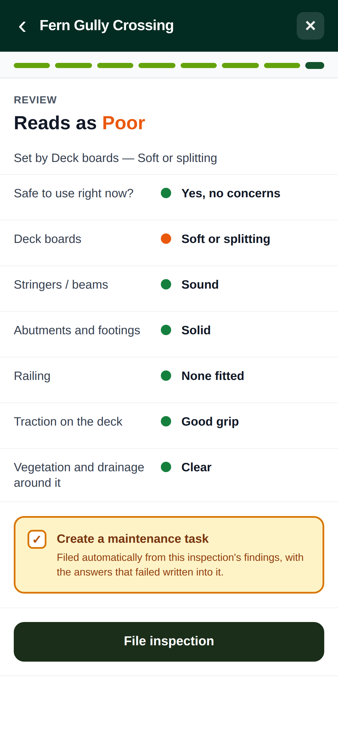 The review step, listing every question with the answer given