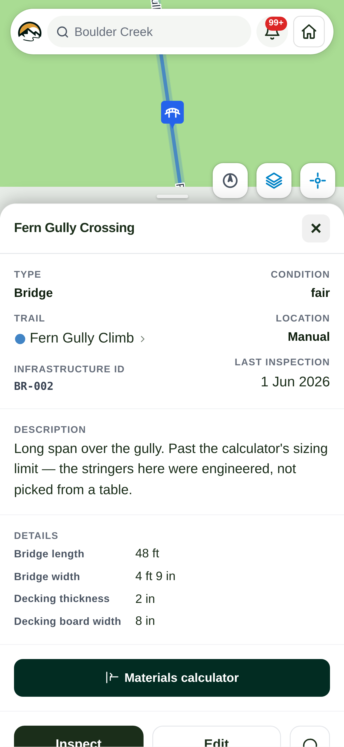 The inspection history on a structure in the field app: dated rows with their ratings, one showing what changed since the previous walk