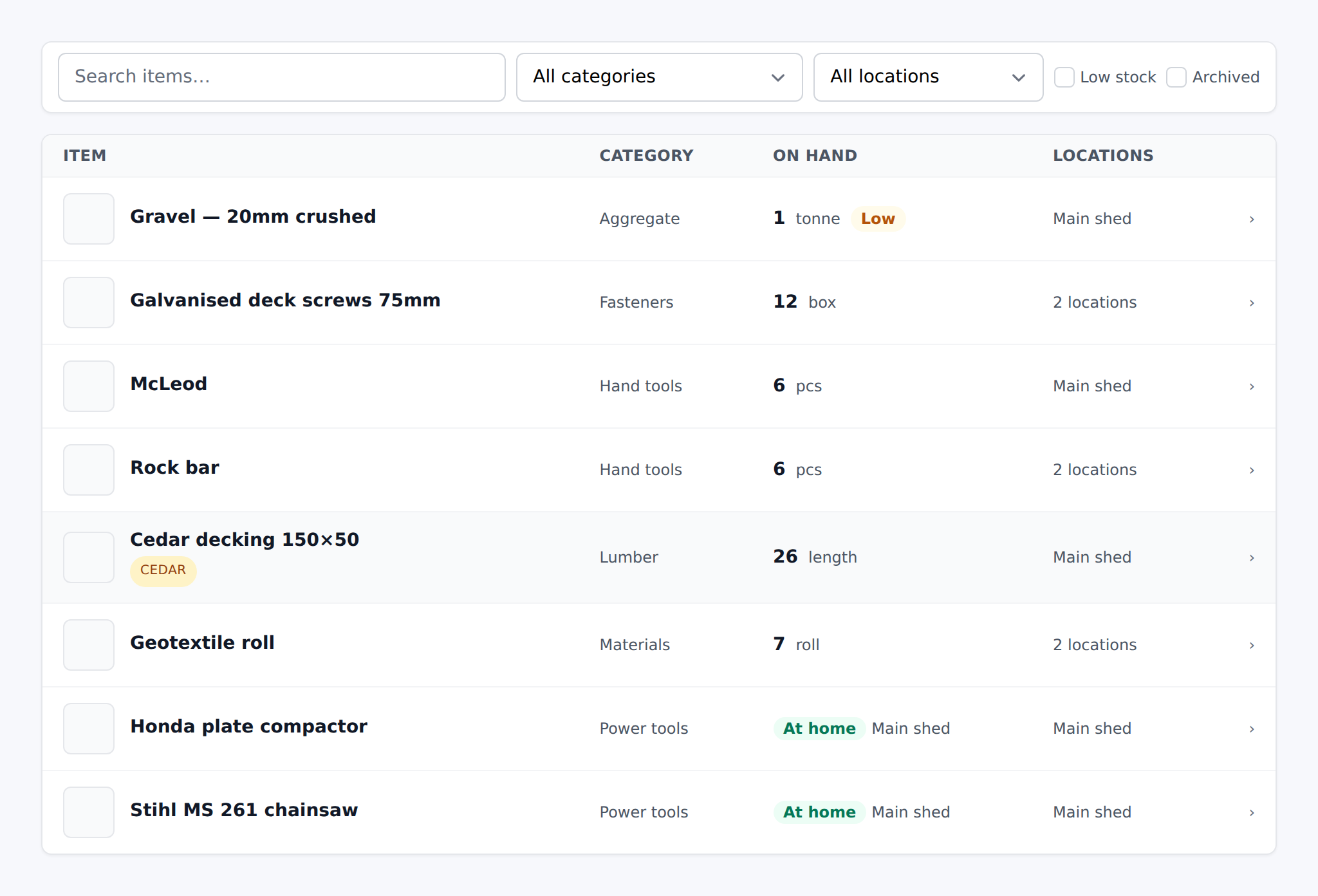 Inventory Index page with the filter bar and mixed asset/stock rows
