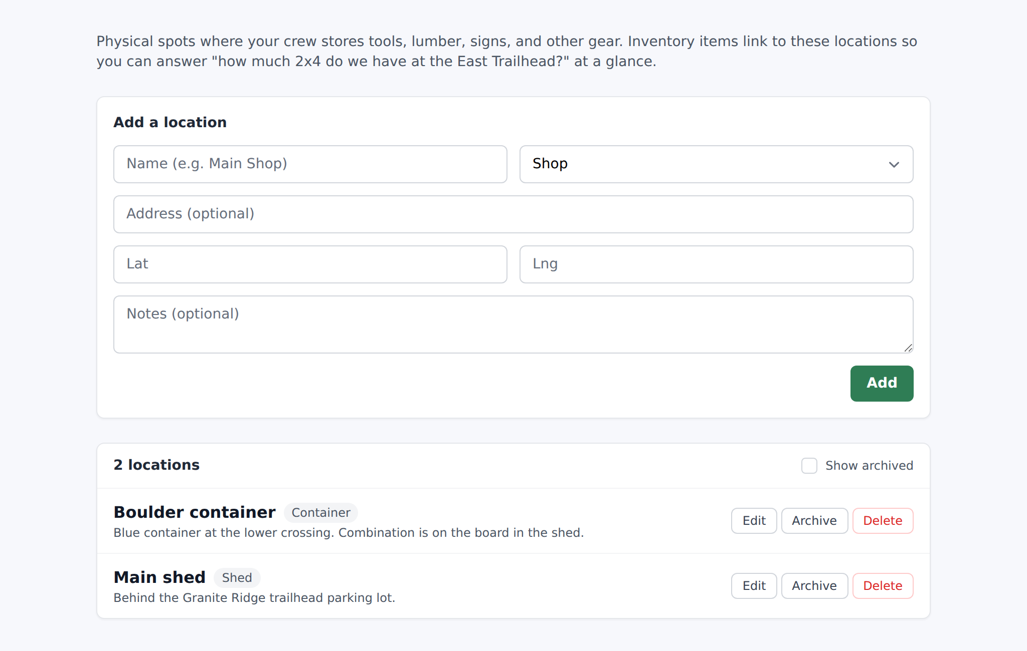 Settings → Storage locations with the Name / Type / Address form