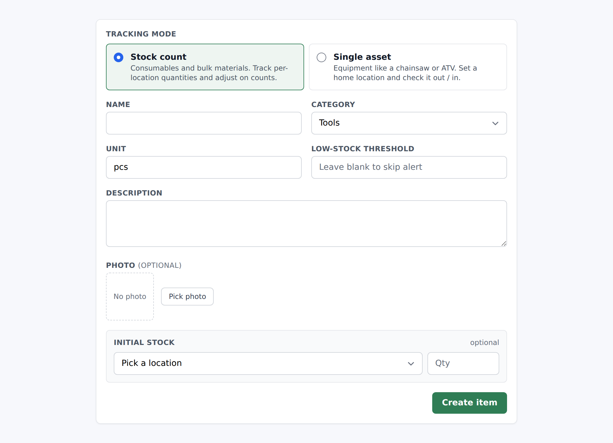 Create item form with the Tracking mode radio tiles and Initial stock section