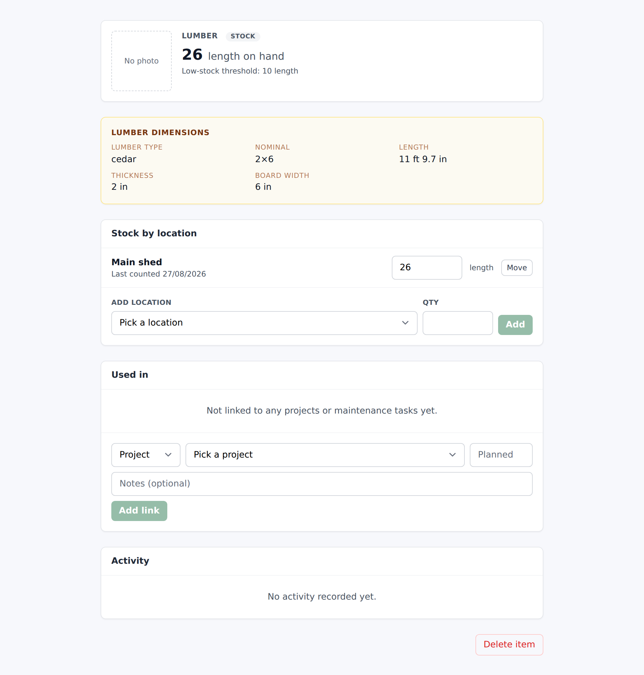 Item Show page for a stock item showing Stock by location card