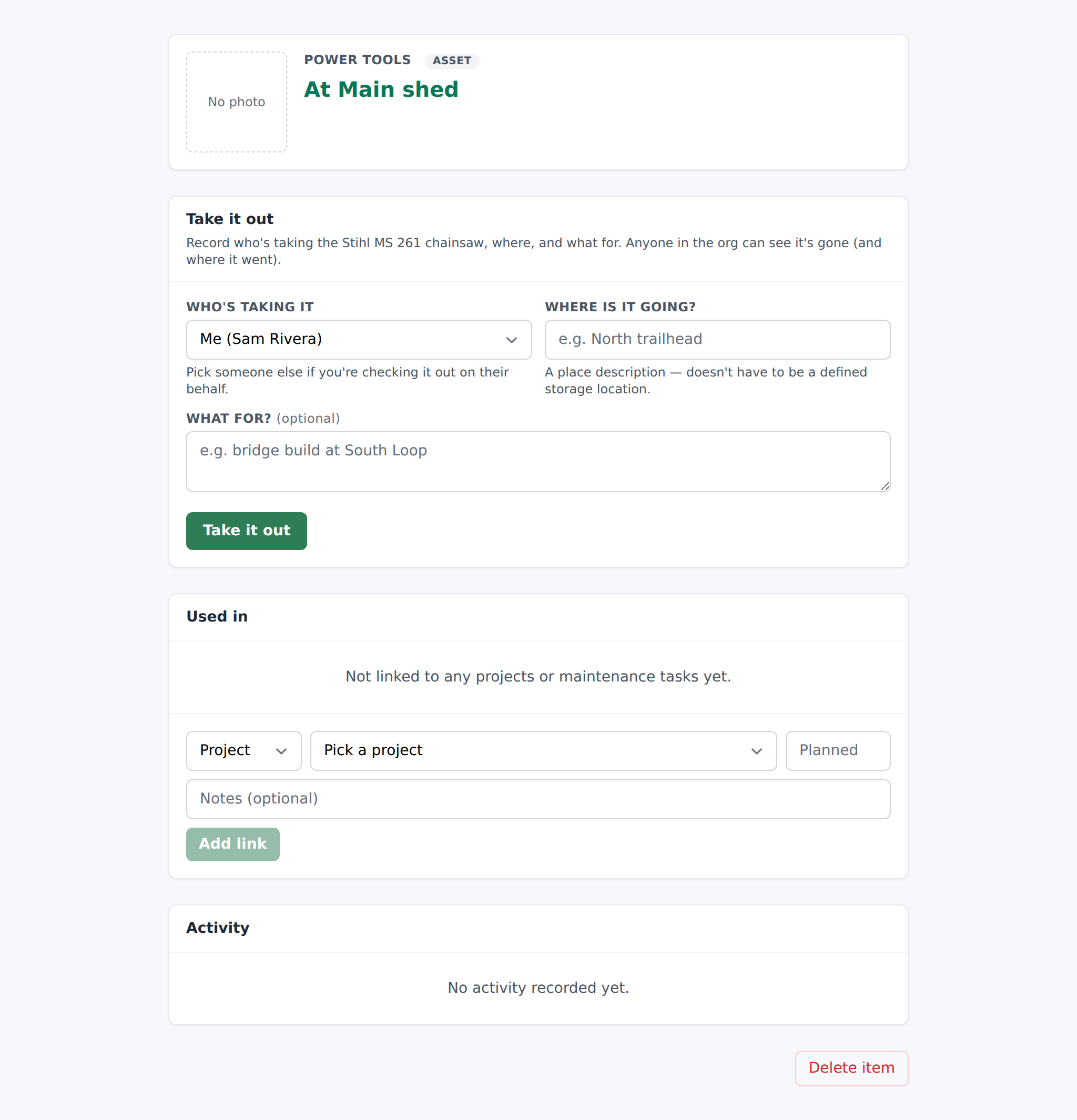 Item Show page for an asset item showing the Take it out CTA