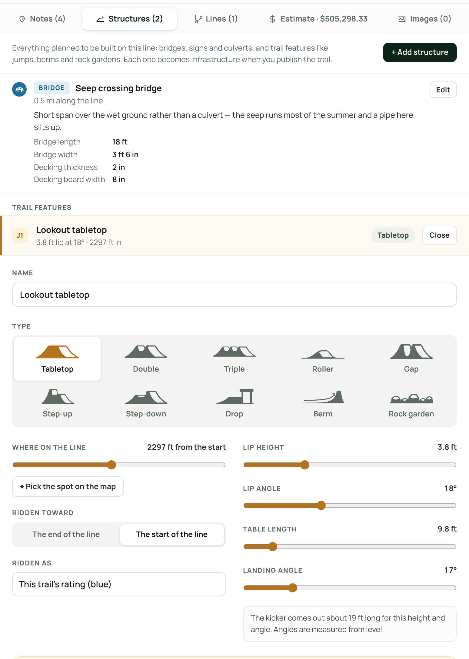 Structures tab on a planned trail with a jump selected and its position, type and size controls