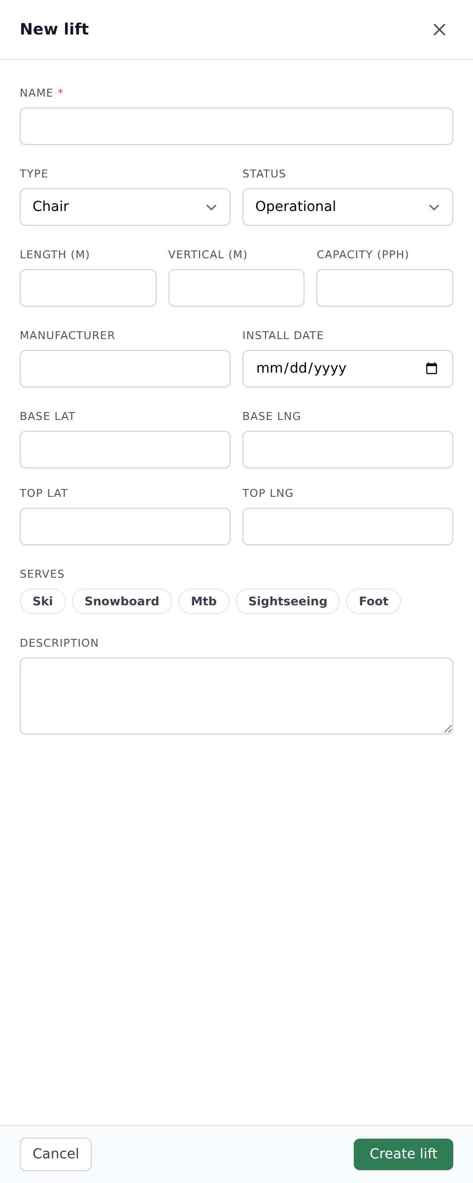 New lift slide panel with the full create form expanded