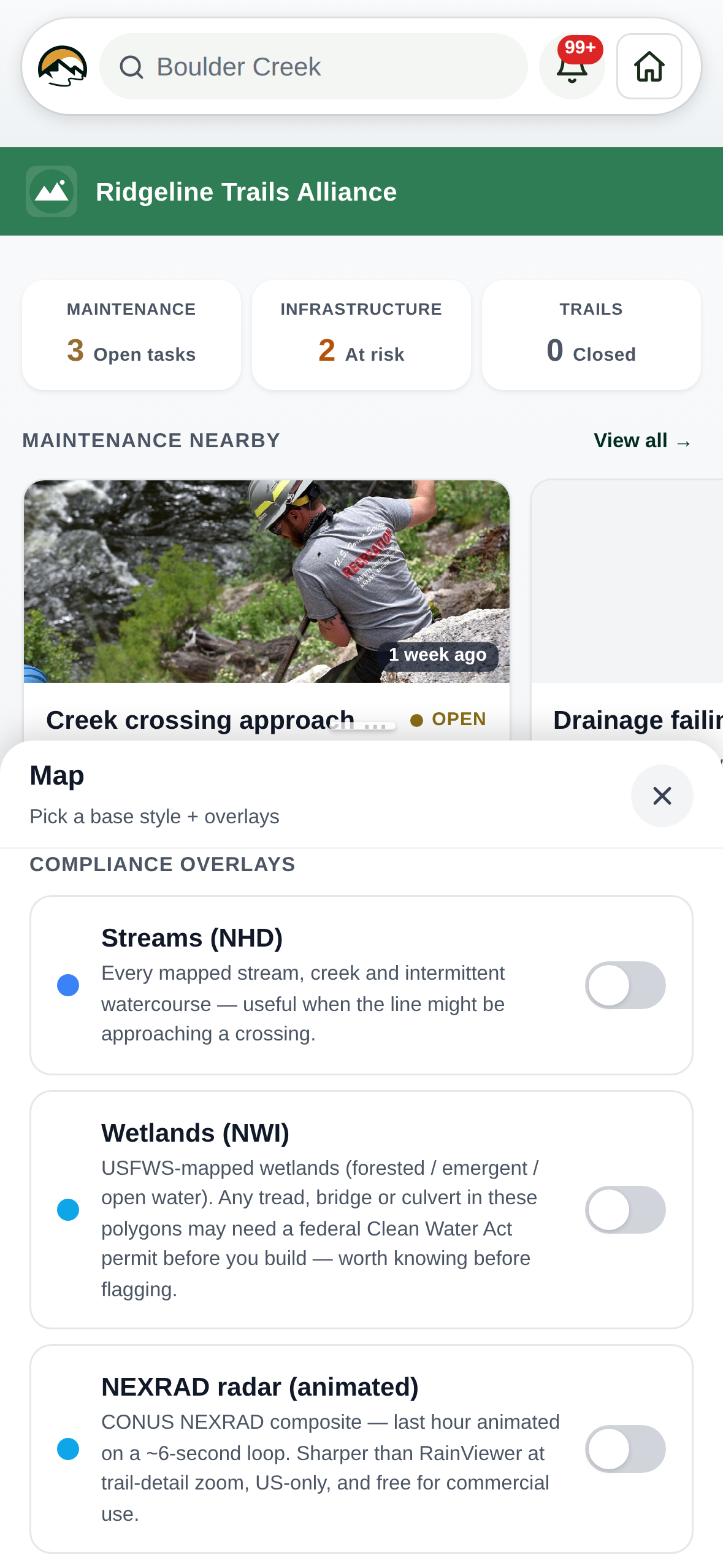 The Layers sheet in the field app with the compliance overlays and property lines sections