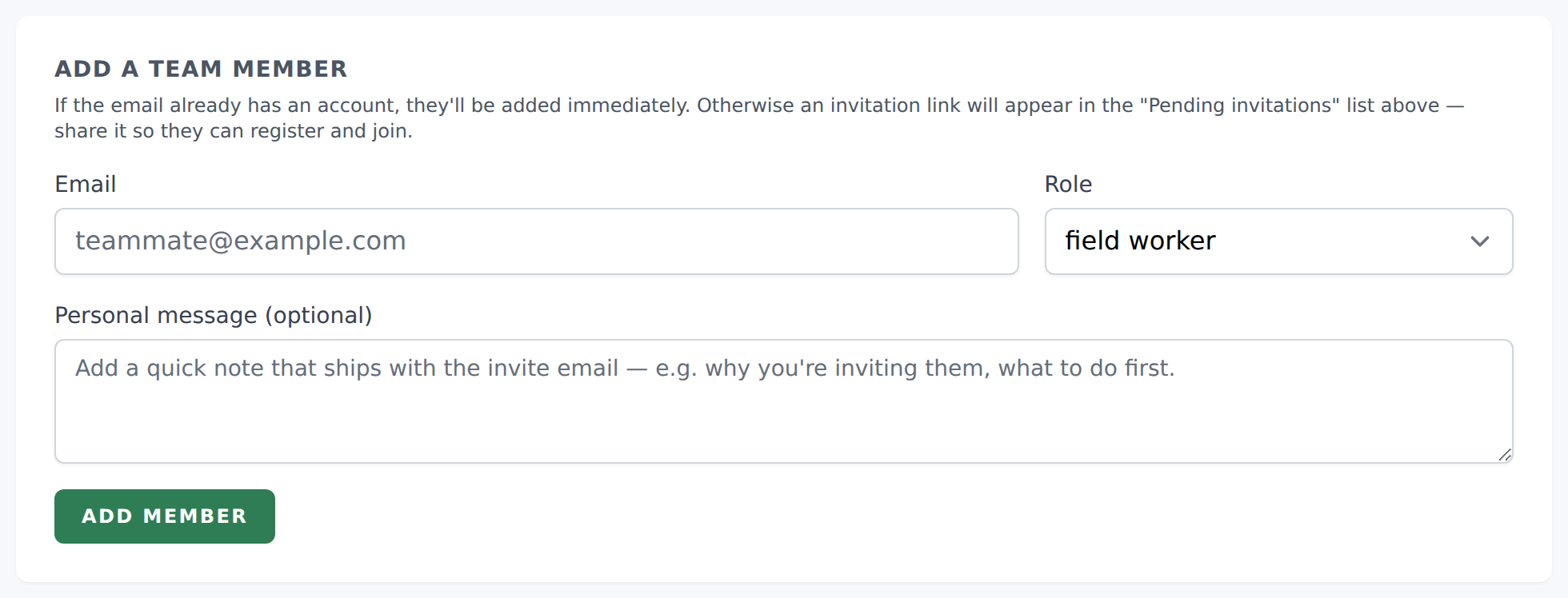Add a team member form with Email, Role dropdown, and Personal message textarea