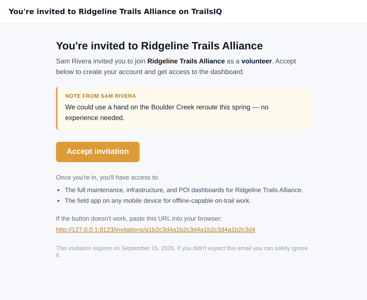 Invitation email preview showing "You're invited to {org} on TrailsIQ" with Accept button