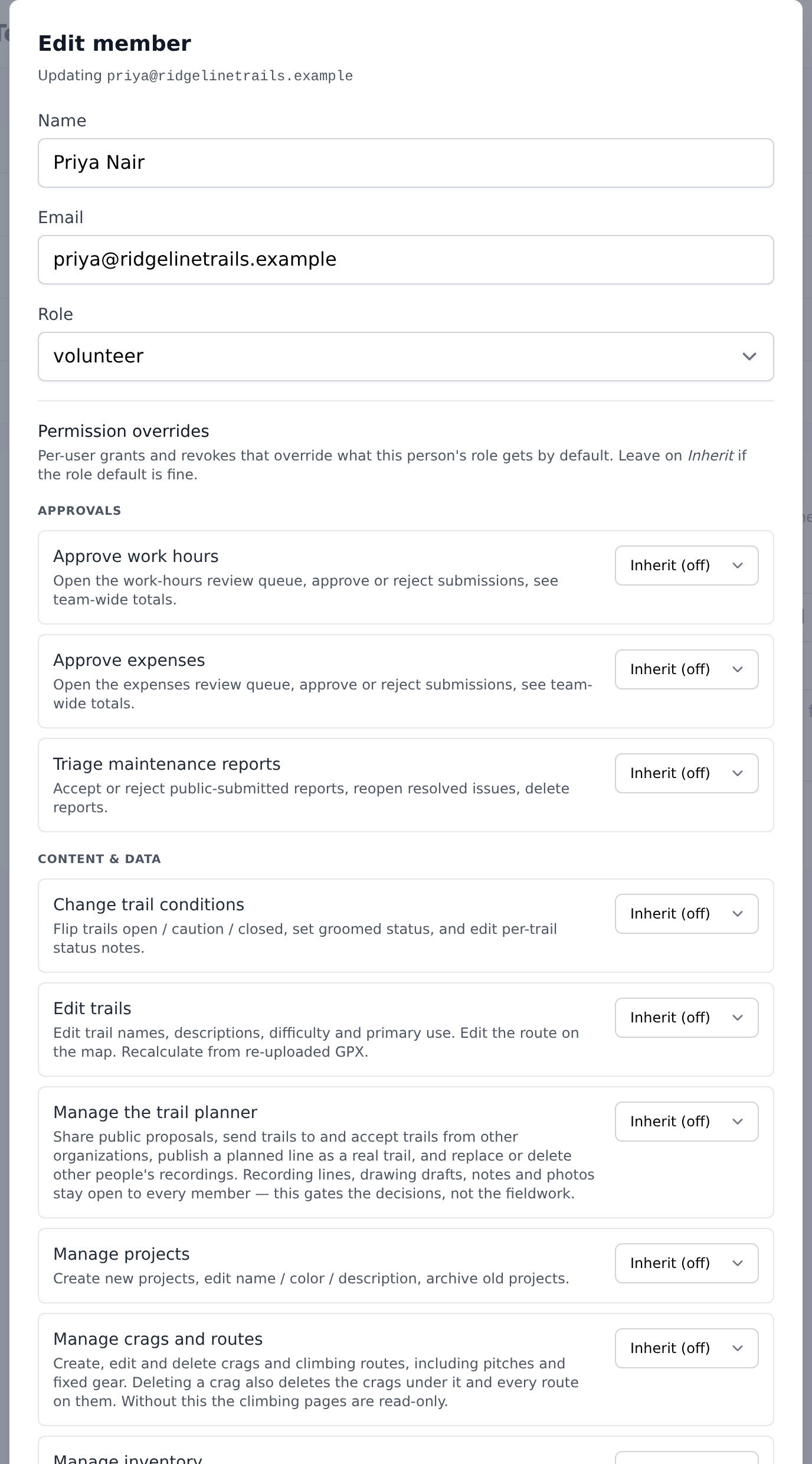 Edit member modal open with Permission overrides section showing tri-state selects