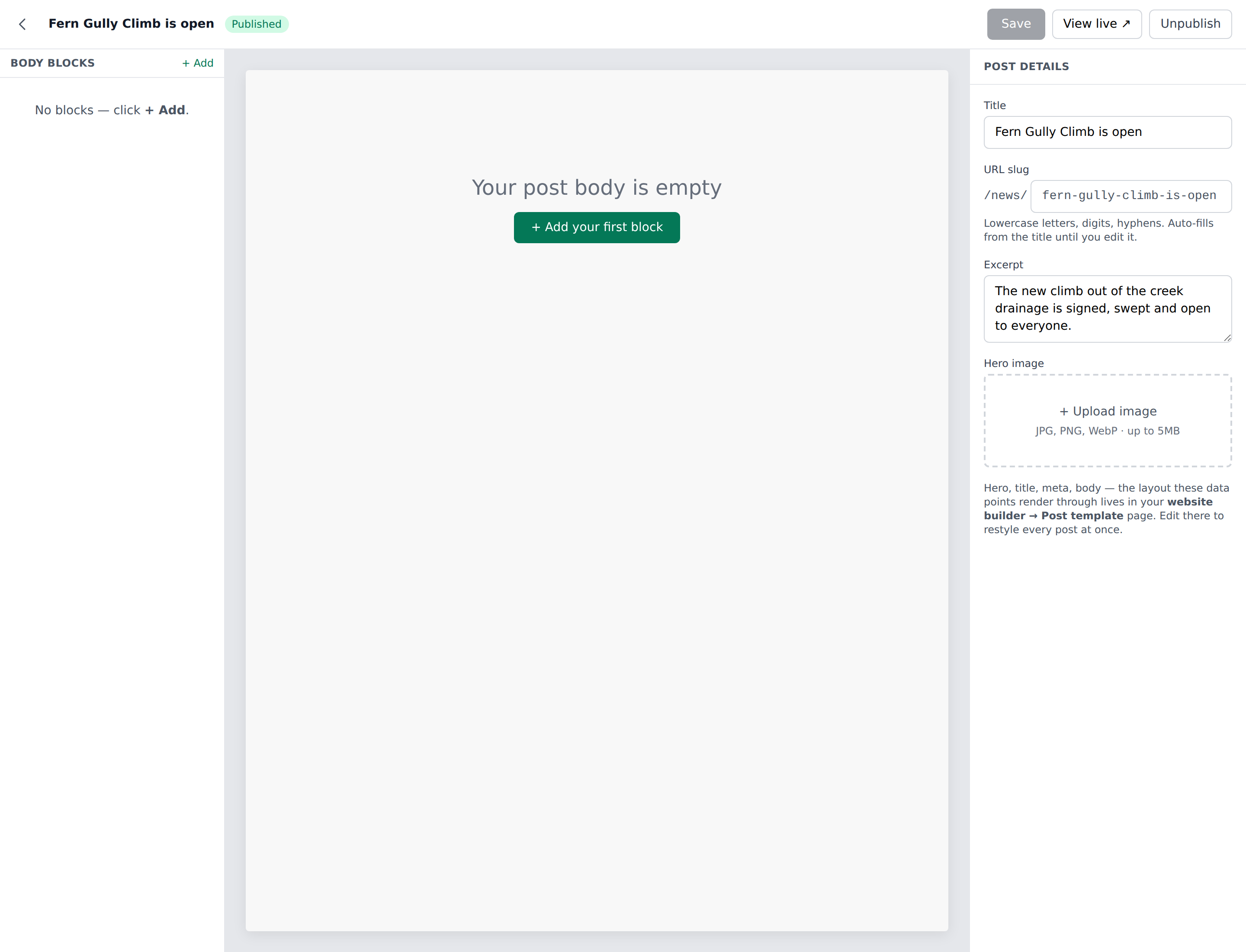 News editor top bar with the Draft pill, Save button, Publish button, and View live link