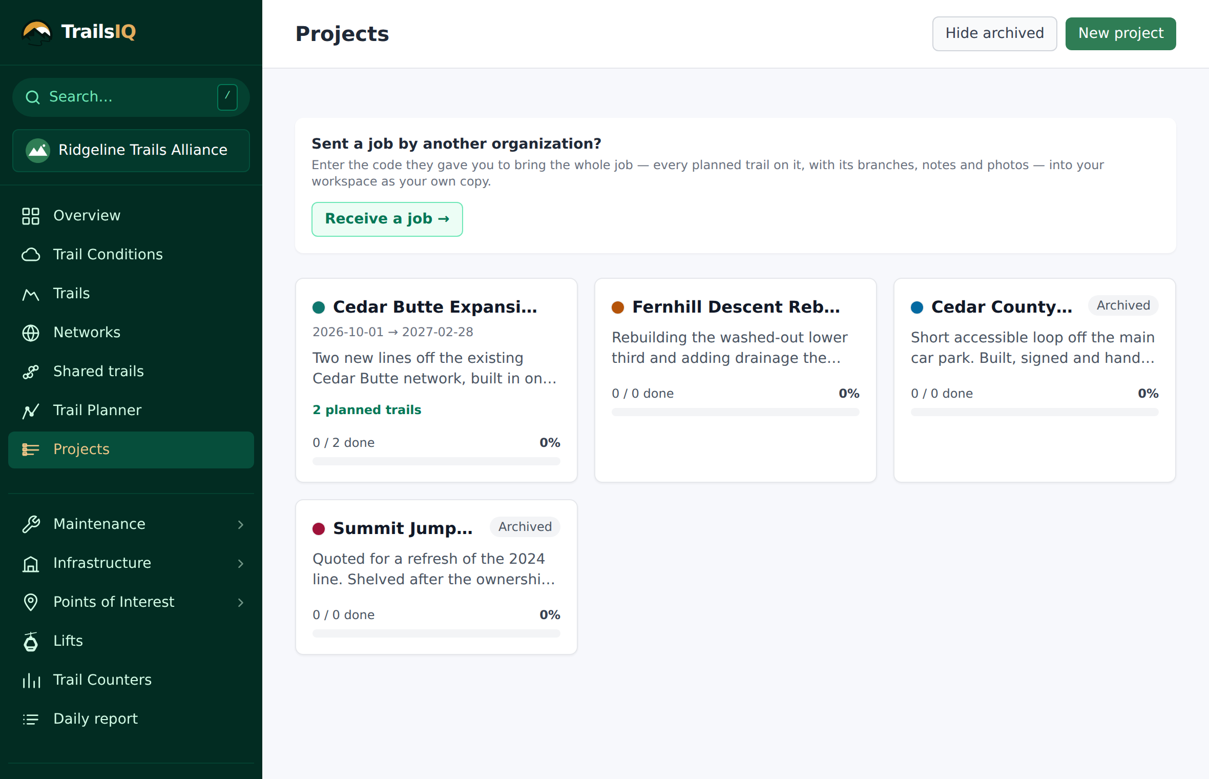 A project page with the Archive action, and the Show archived toggle on the projects list