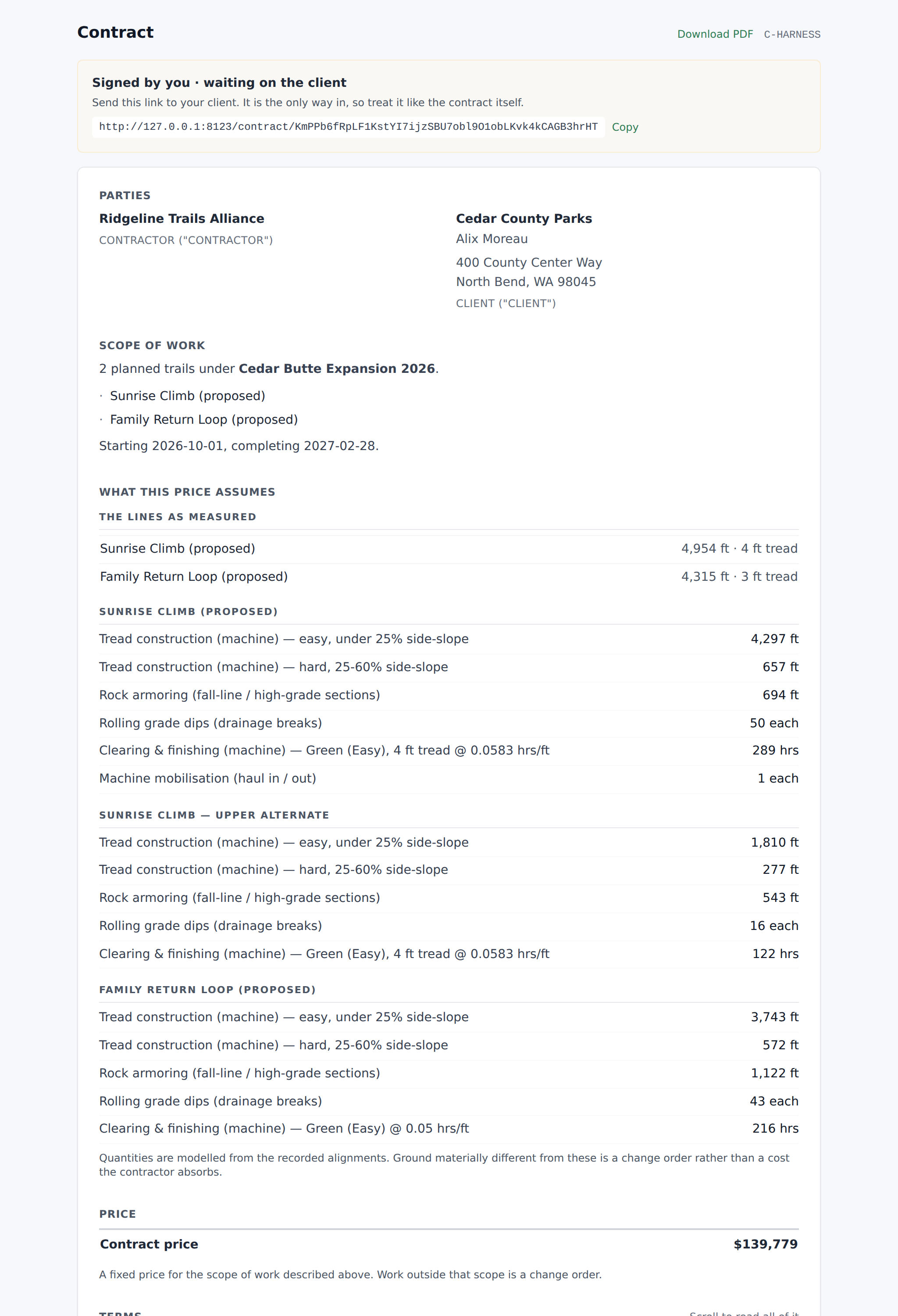 A contract on screen: parties, scope, price and payment schedule
