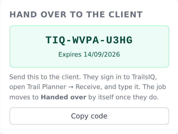 The hand over to the client panel on a project, showing the generated transfer code