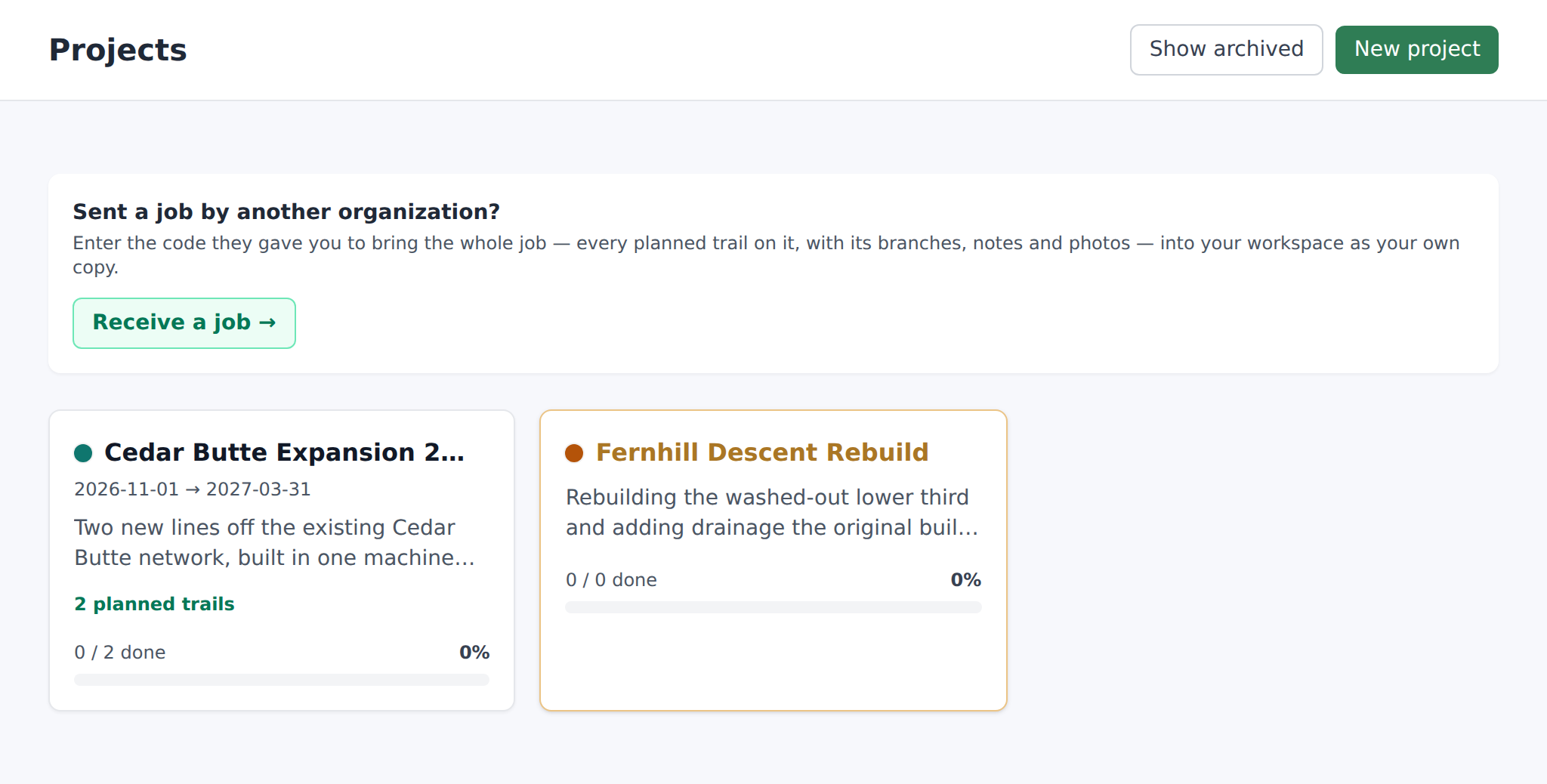 Projects list page header with the New project + Show archived buttons