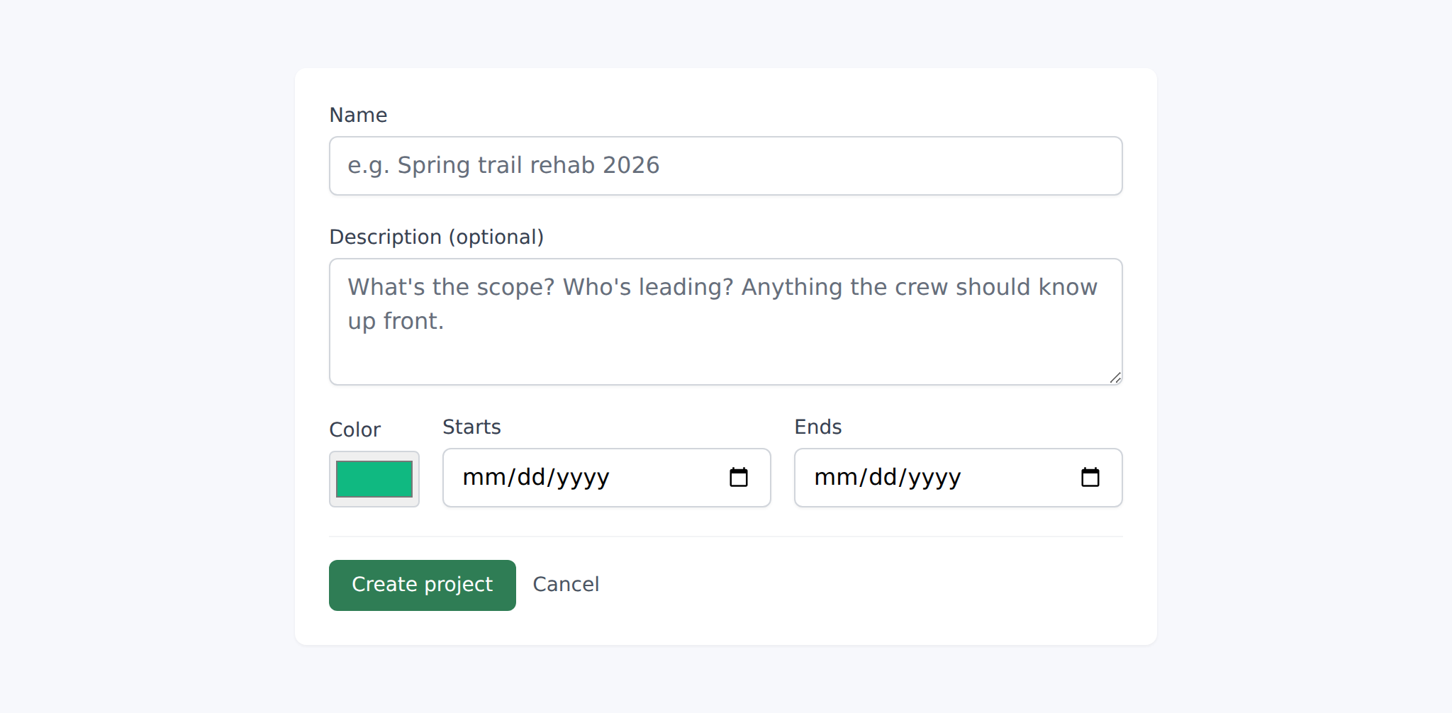 Project create form with the Name, Description, Color, Starts, Ends fields