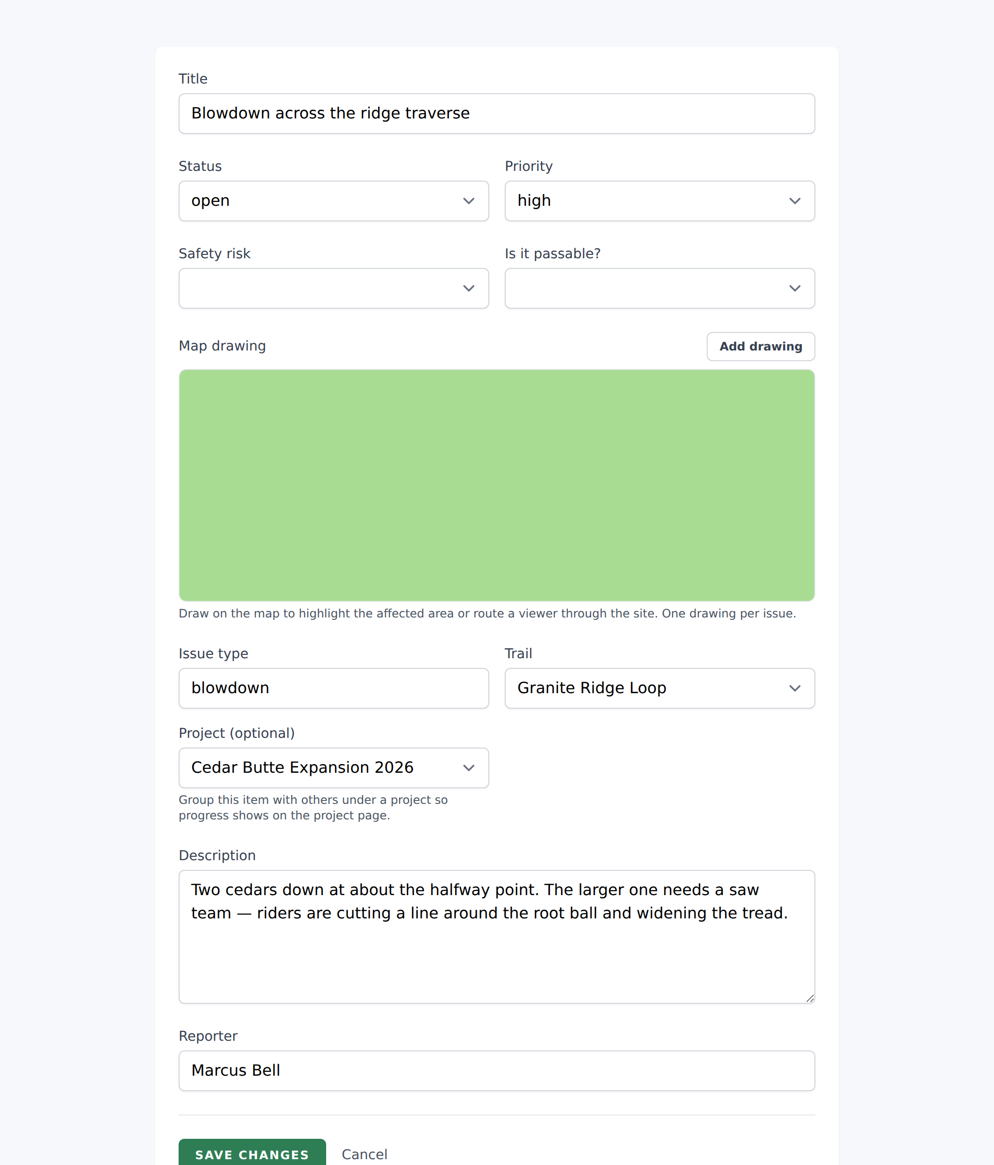 Maintenance item edit page showing the Project dropdown with "— not in a project —" default