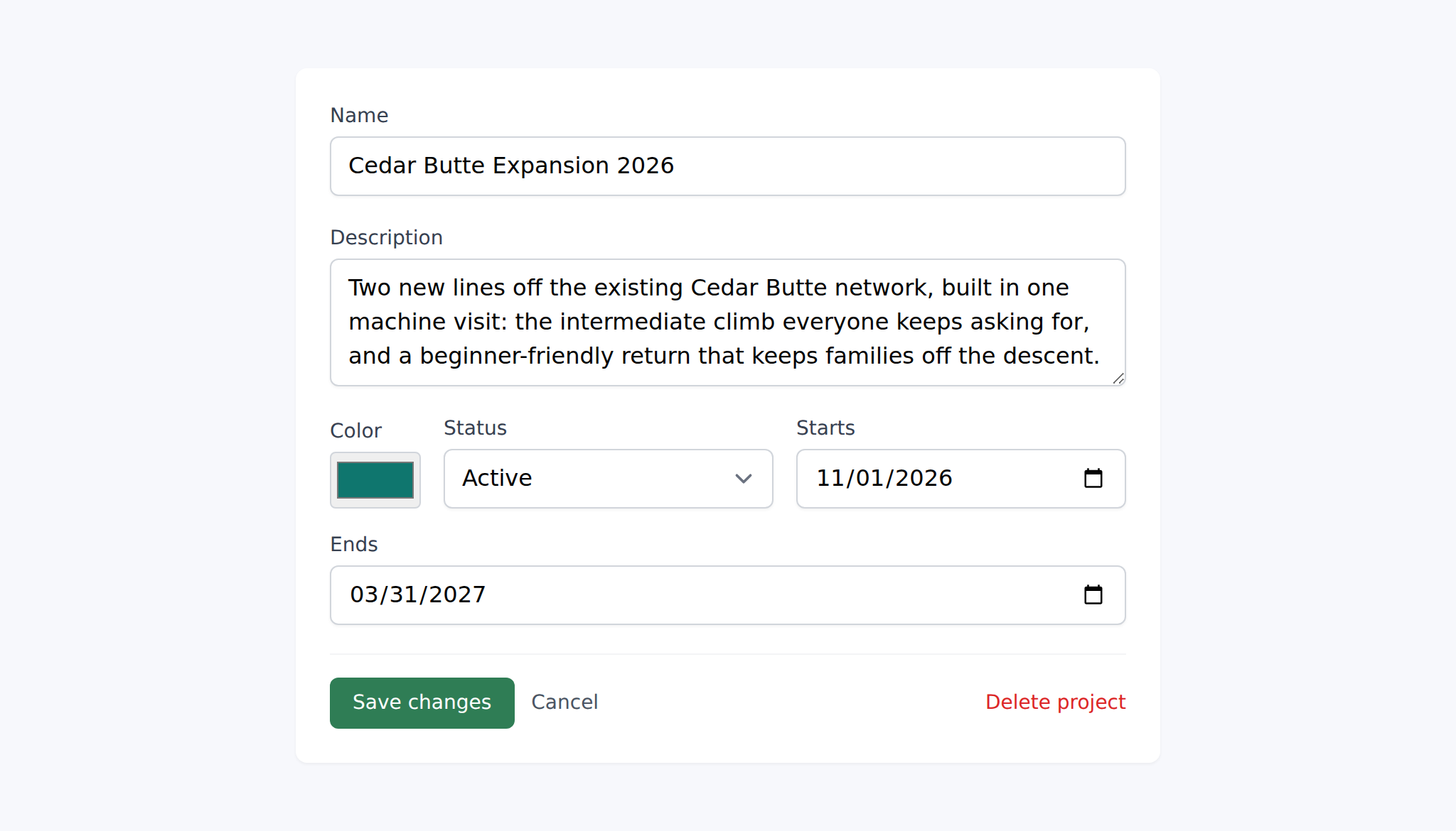 Project edit page danger zone with the Delete button and confirmation copy