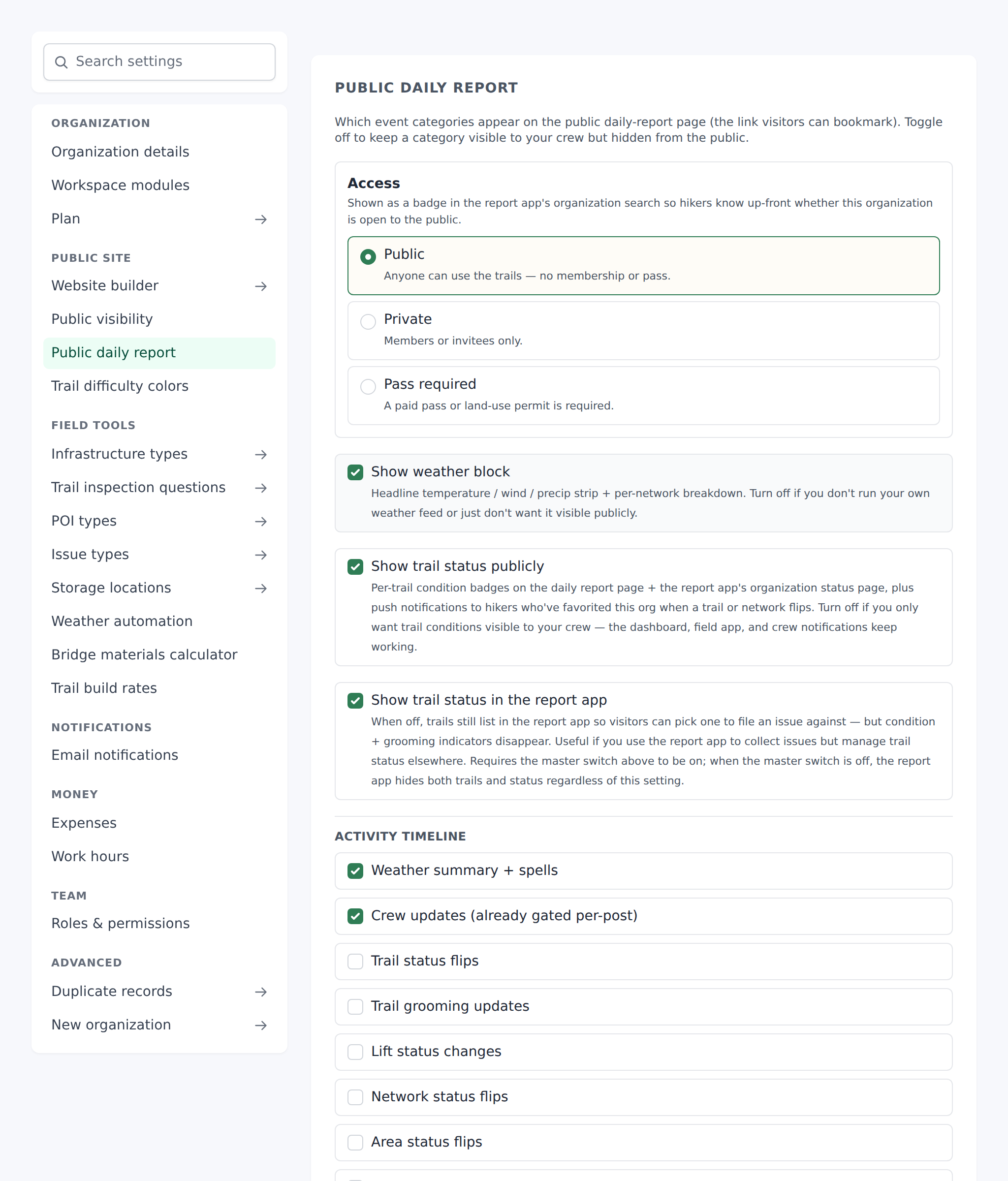 Settings Public daily report section with the "Exclude from public report app" toggle highlighted