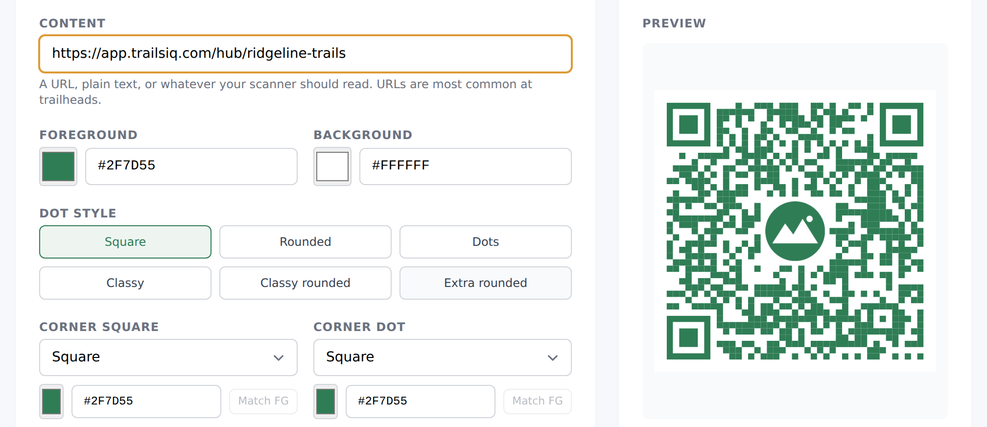 QR builder with dot, corner and colour styling controls