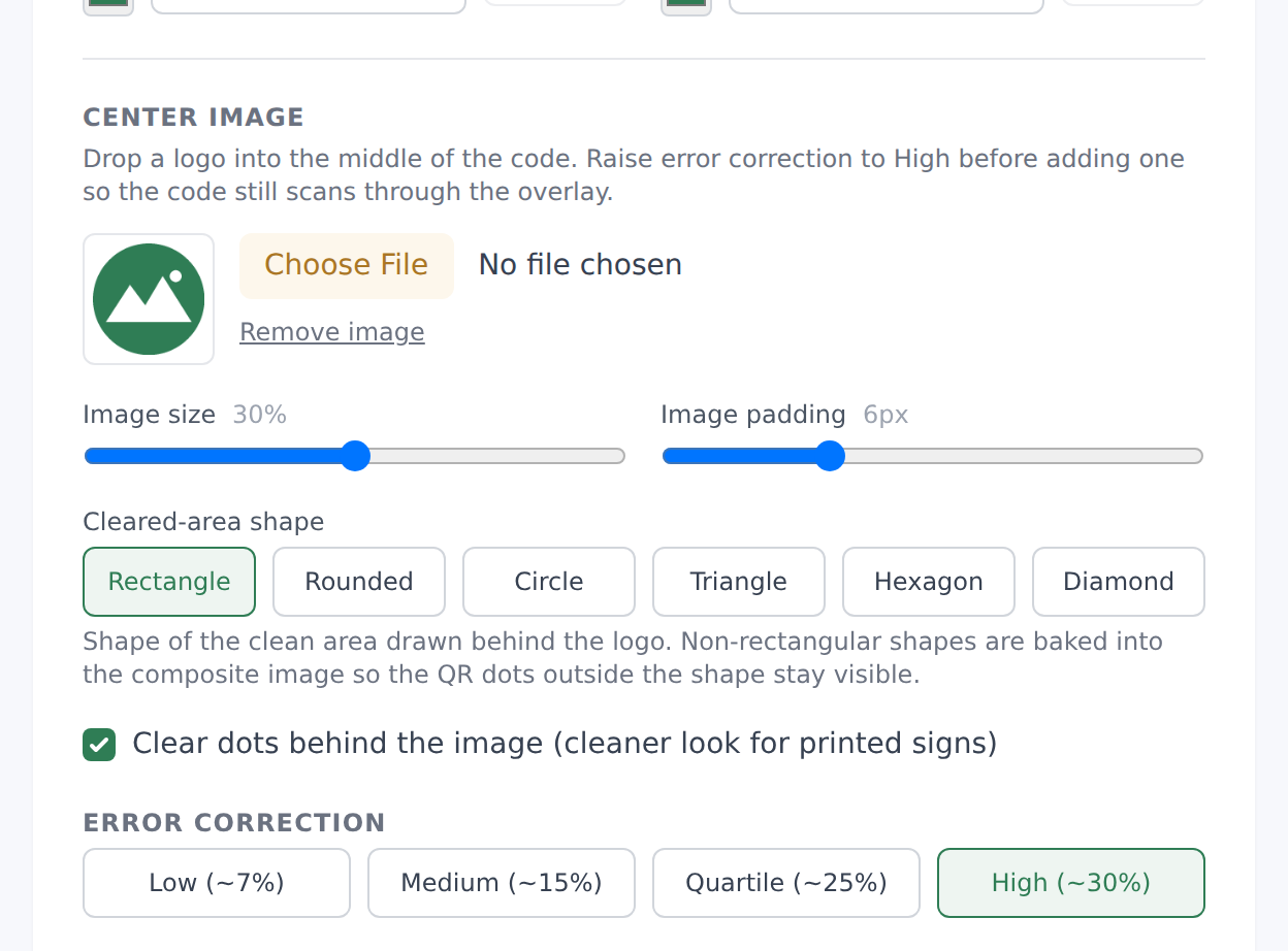 Error correction options with a centre logo applied