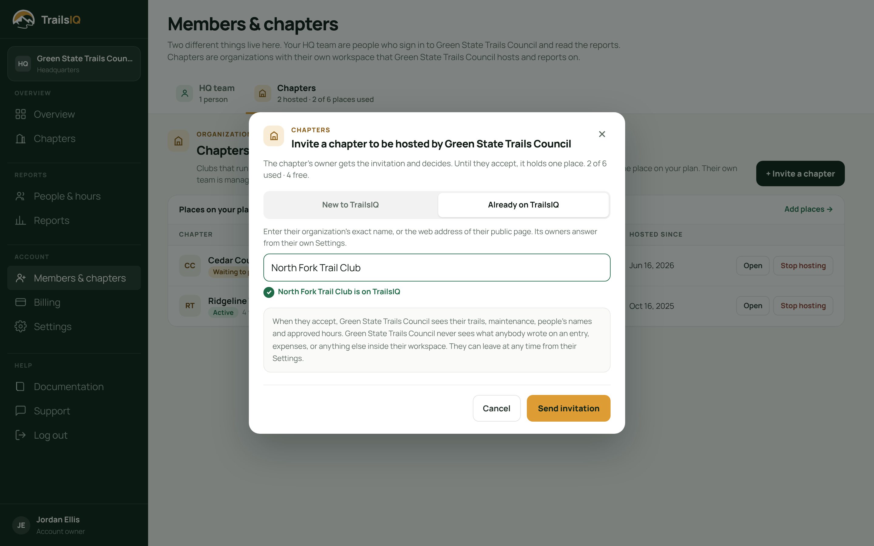The invite box with a green check on an organization already on TrailsIQ