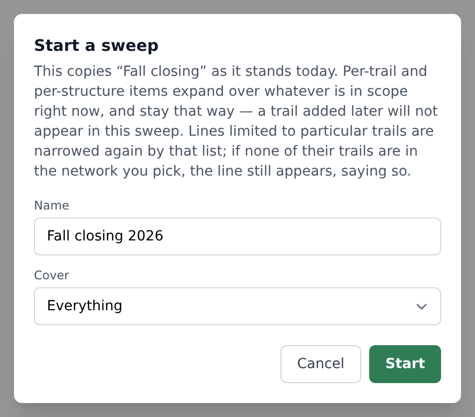 The start-a-sweep dialog, with the name and the network to cover