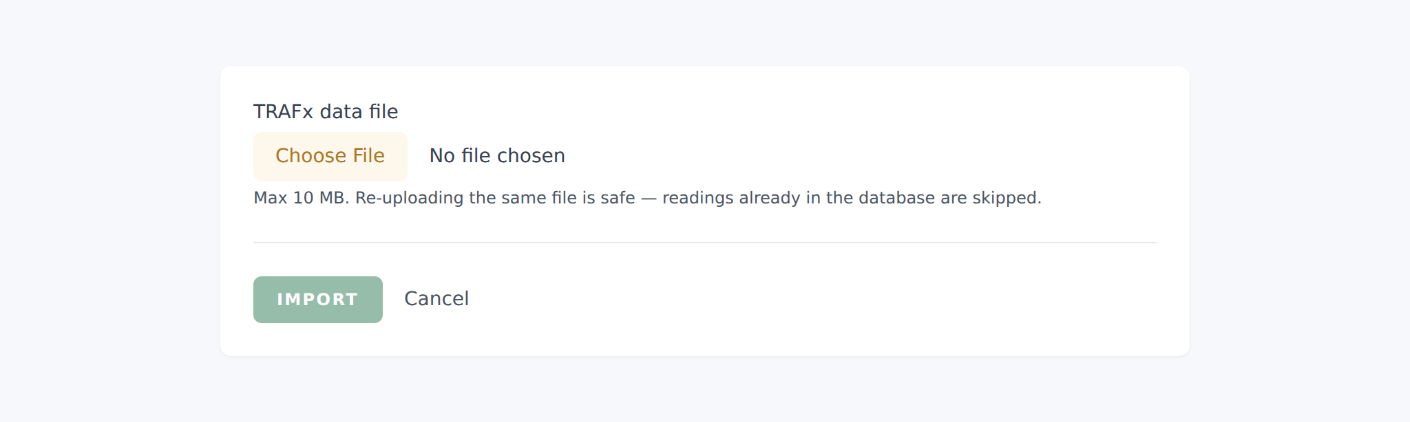 Counter import screen with a readings file selected