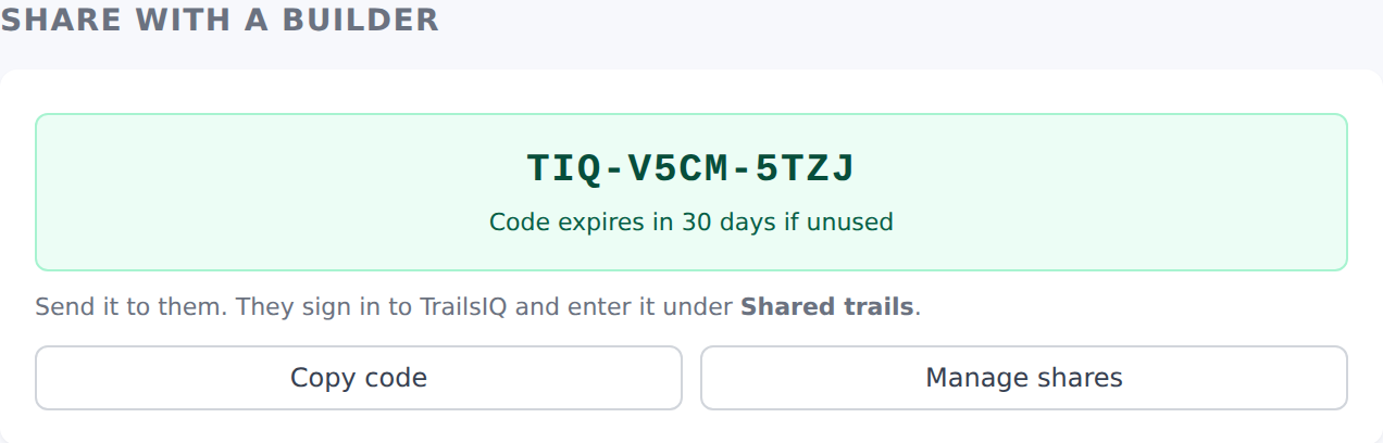 The Share with a builder panel on a trail, showing the generated code