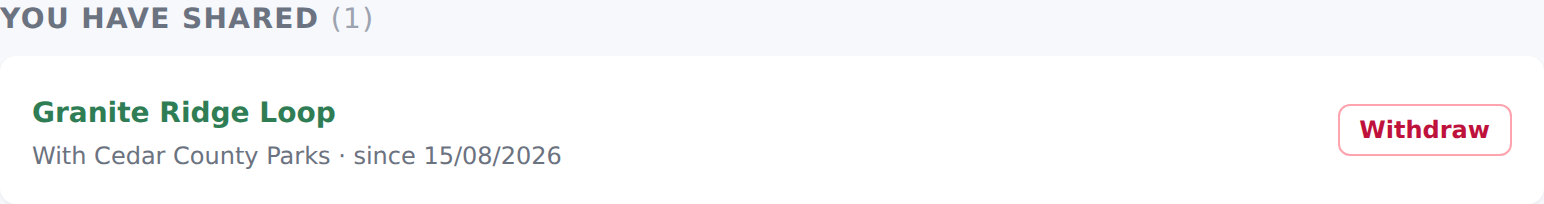 The Shared trails screen listing a trail lent to another organisation, with a Withdraw button
