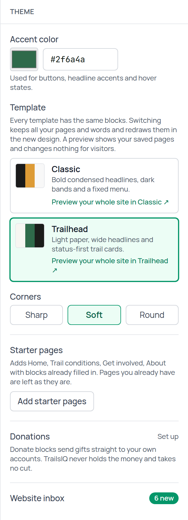 Theme panel with the Classic and Trailhead template cards and the Corners choice