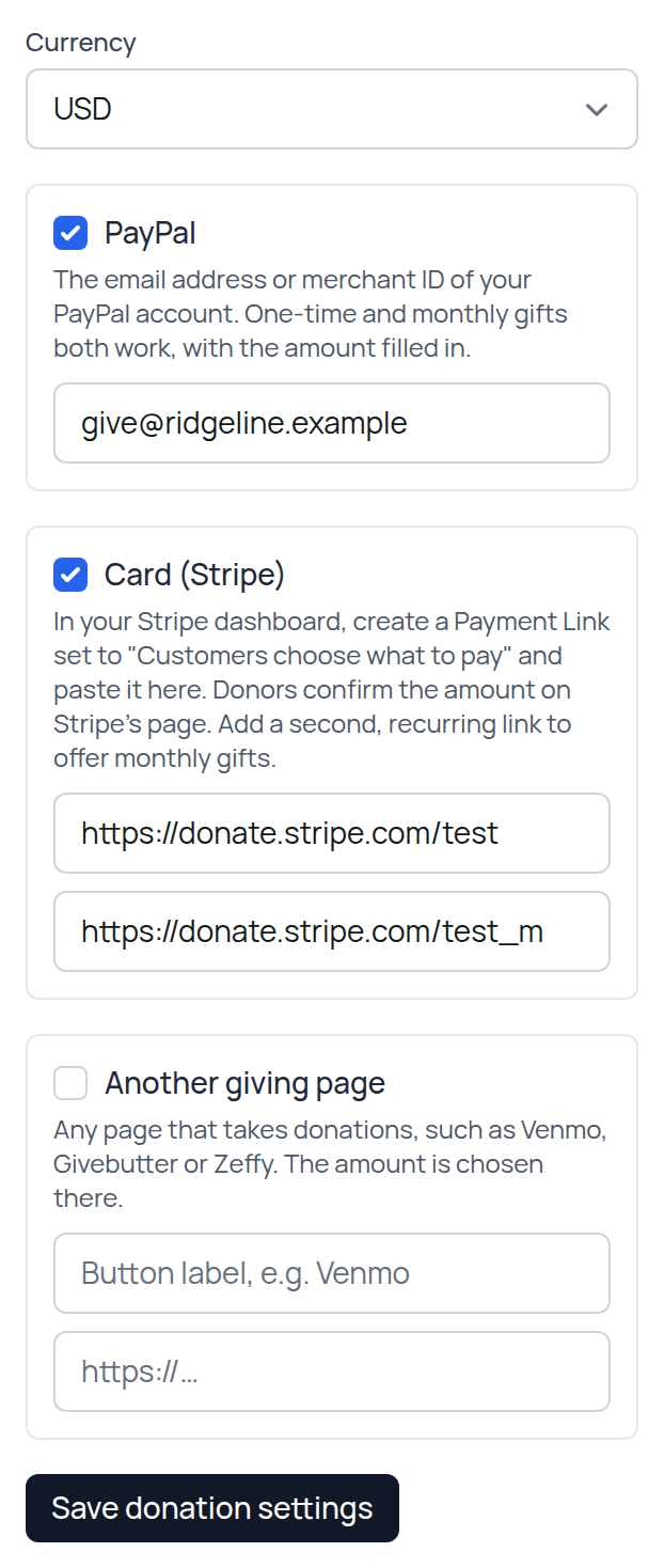 Donations settings with PayPal and Stripe turned on