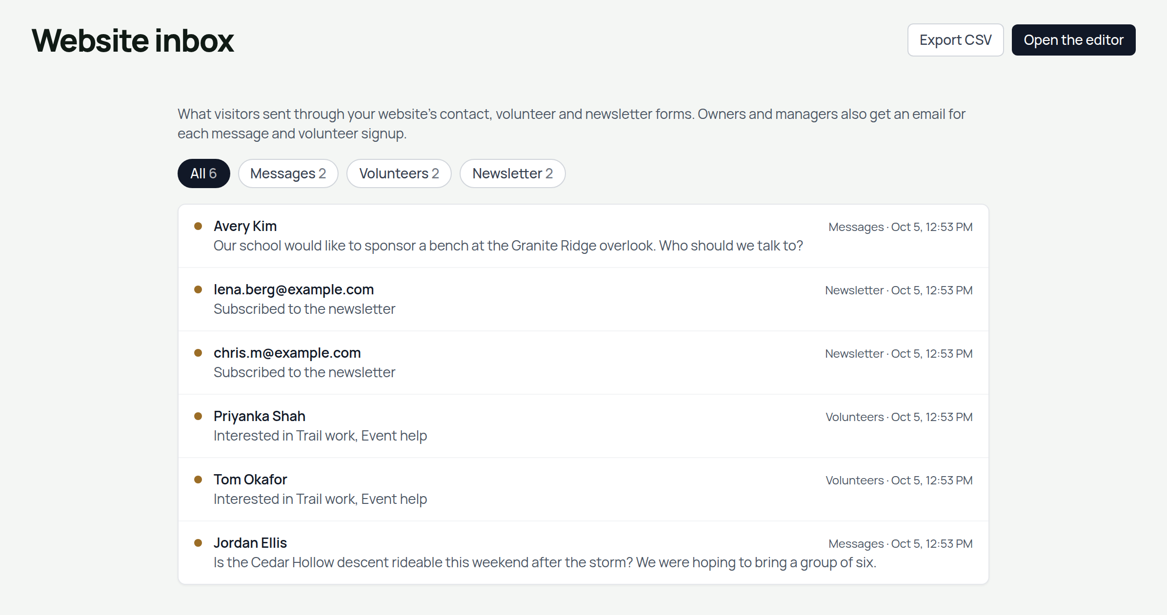 Website inbox with the Messages, Volunteers and Newsletter tabs