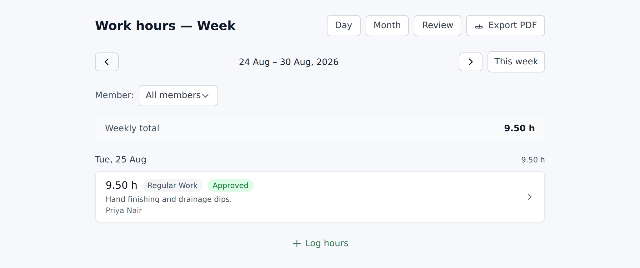 Work hours dashboard on Week view with the day nav and Log hours form open