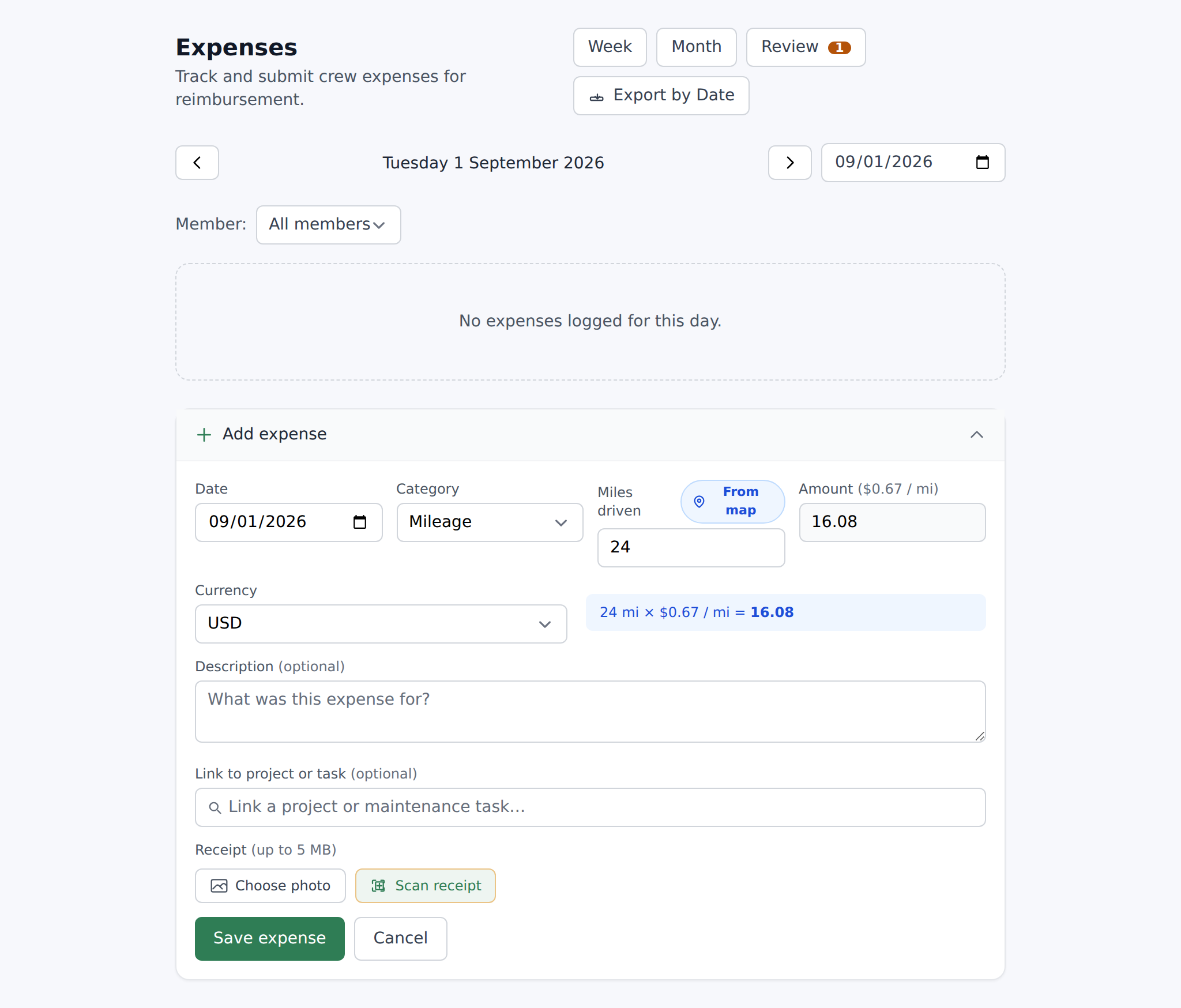 Expenses dashboard with the Add expense form open and Mileage category selected