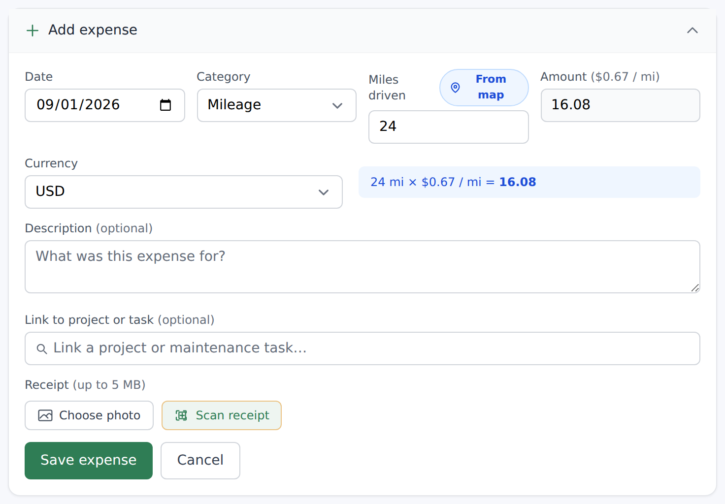 Expense form in Mileage mode showing the distance input + read-only Amount + math helper