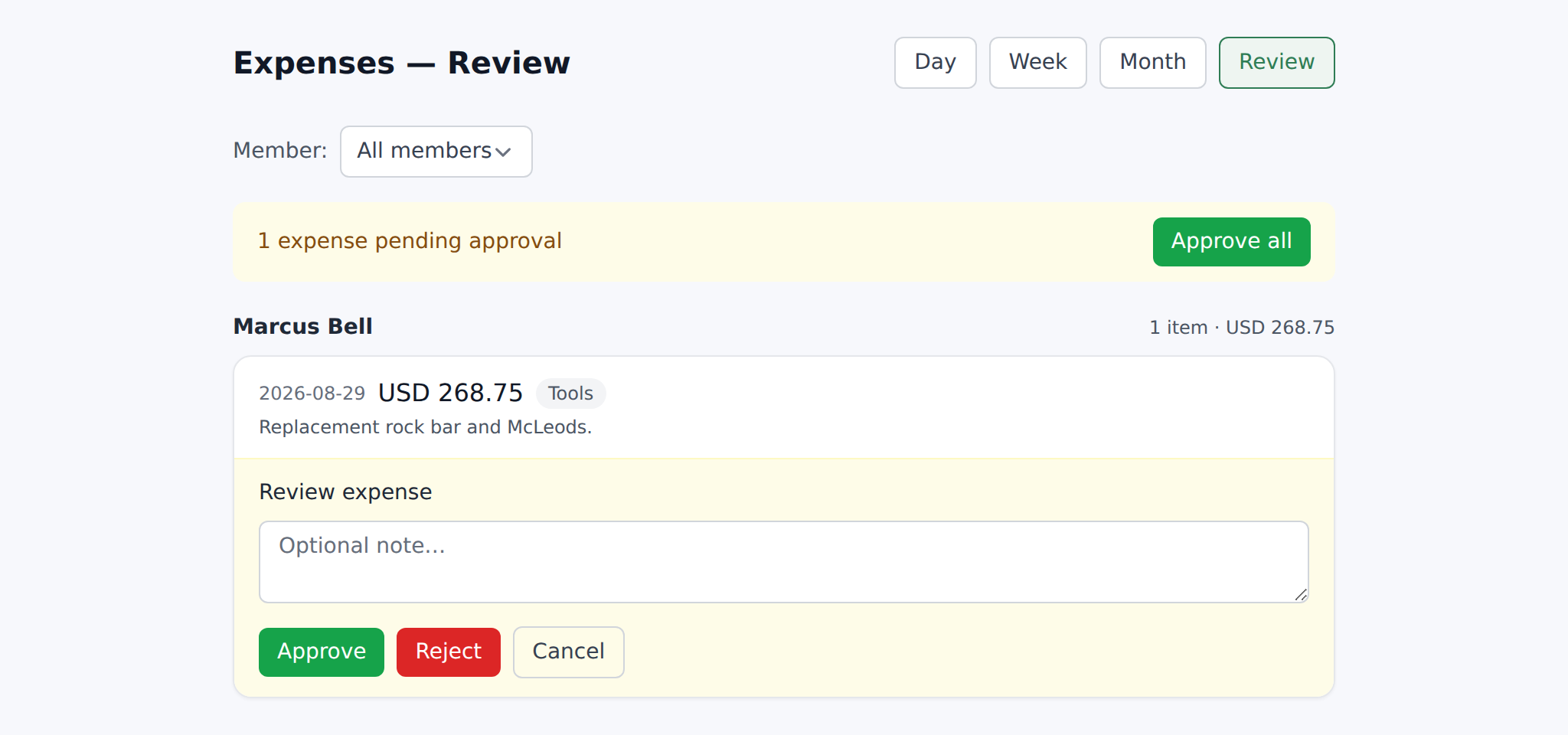 Review queue grouped by member with the inline review panel open