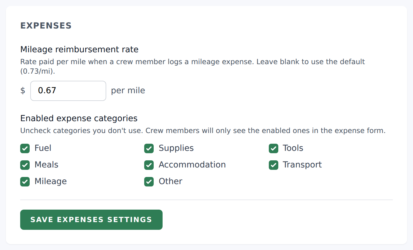 Settings → Expenses page with category checkboxes + Mileage reimbursement rate input