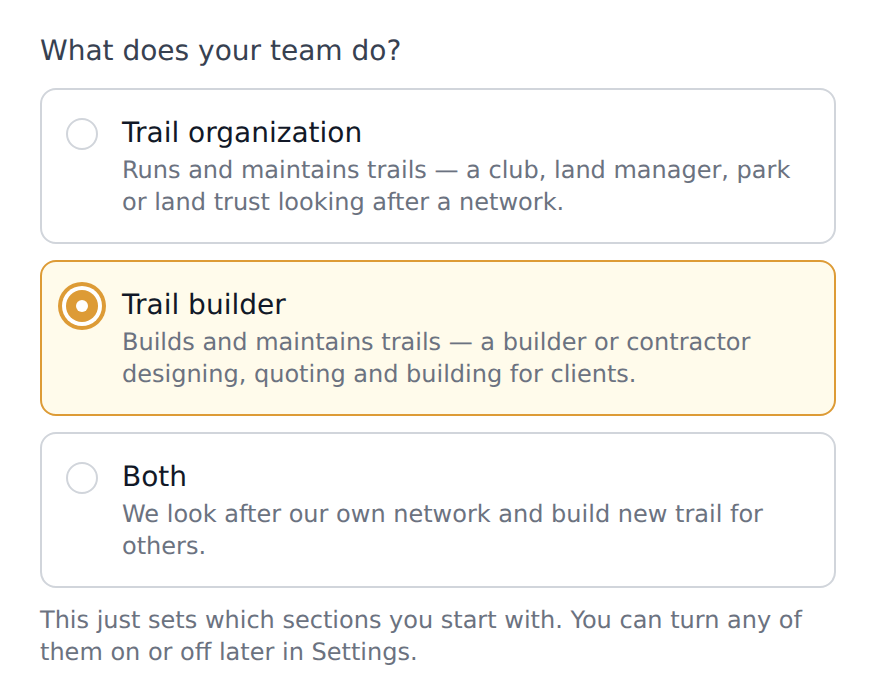 The signup question asking whether the team runs trails, builds trails, or both