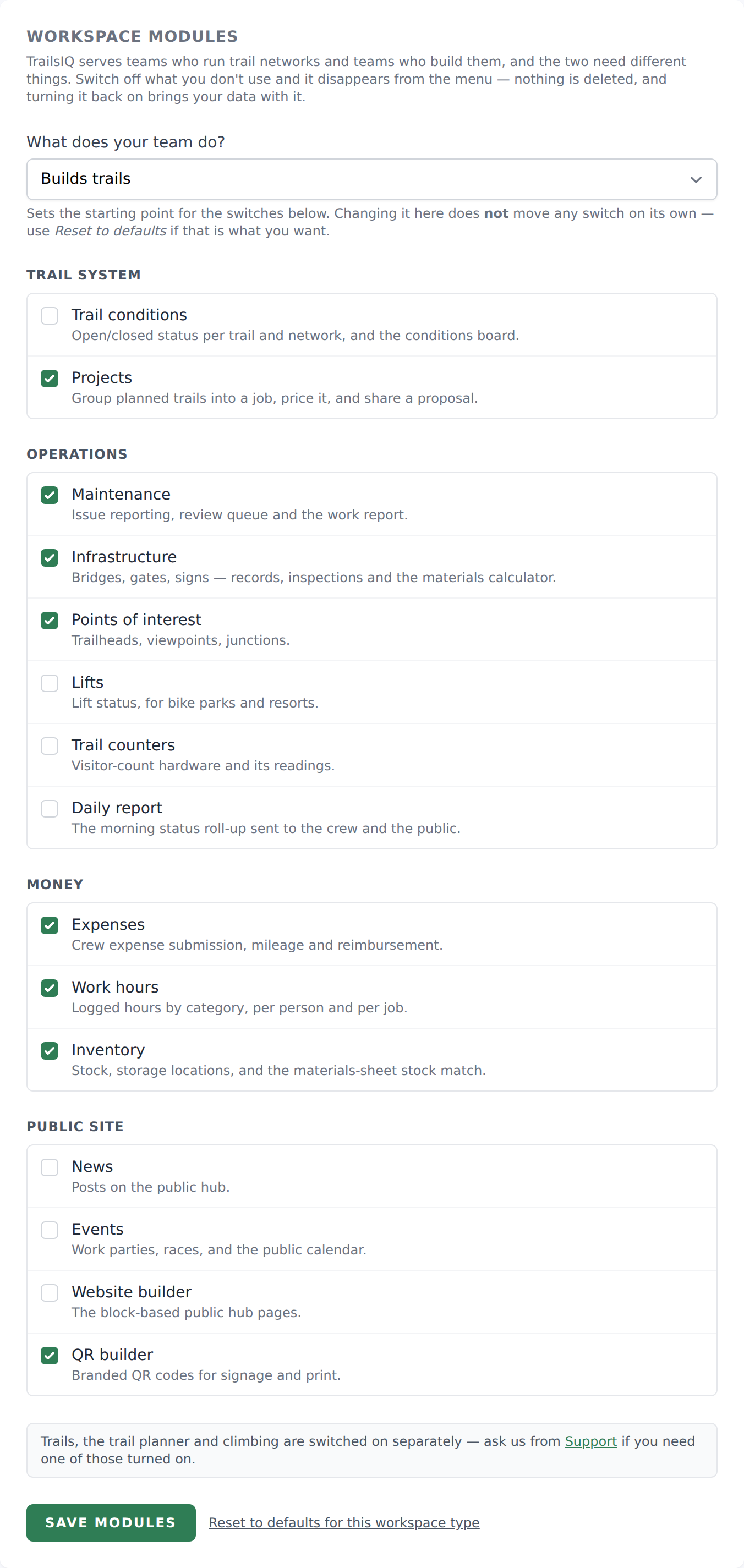 Workspace modules in Settings — the preset dropdown and the per-section switches