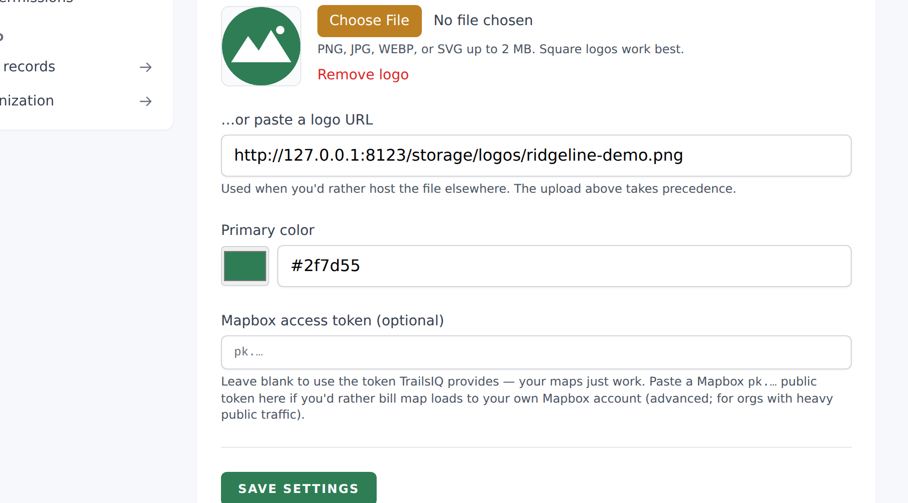 Settings → Organization details with the Primary color picker